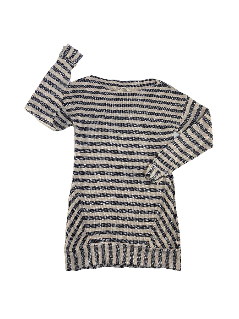Soft Surroundings Striped Sweater M Beige Navy Tunic Frayed Hem Textured Boho